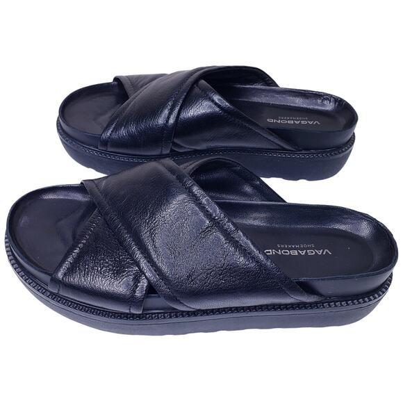 VAGABOND IRENE Cross Strap Black Leather Slide Platform Sandals Women's Size 36 - Picture 1 of 14